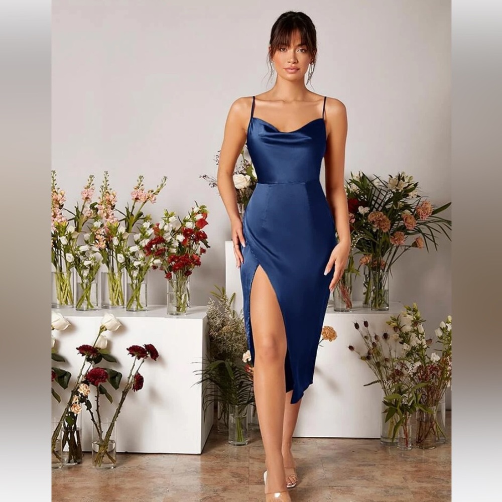 Dress purchased from SHEIN!! Simple navy blue split cami dress. Cute for wedding